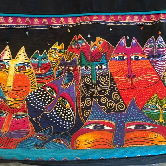 Laurel Burch Cat Lovers Canvas Colorful and Beaded Hobo Style Purse w/ Accessory - Picture 4 of 9